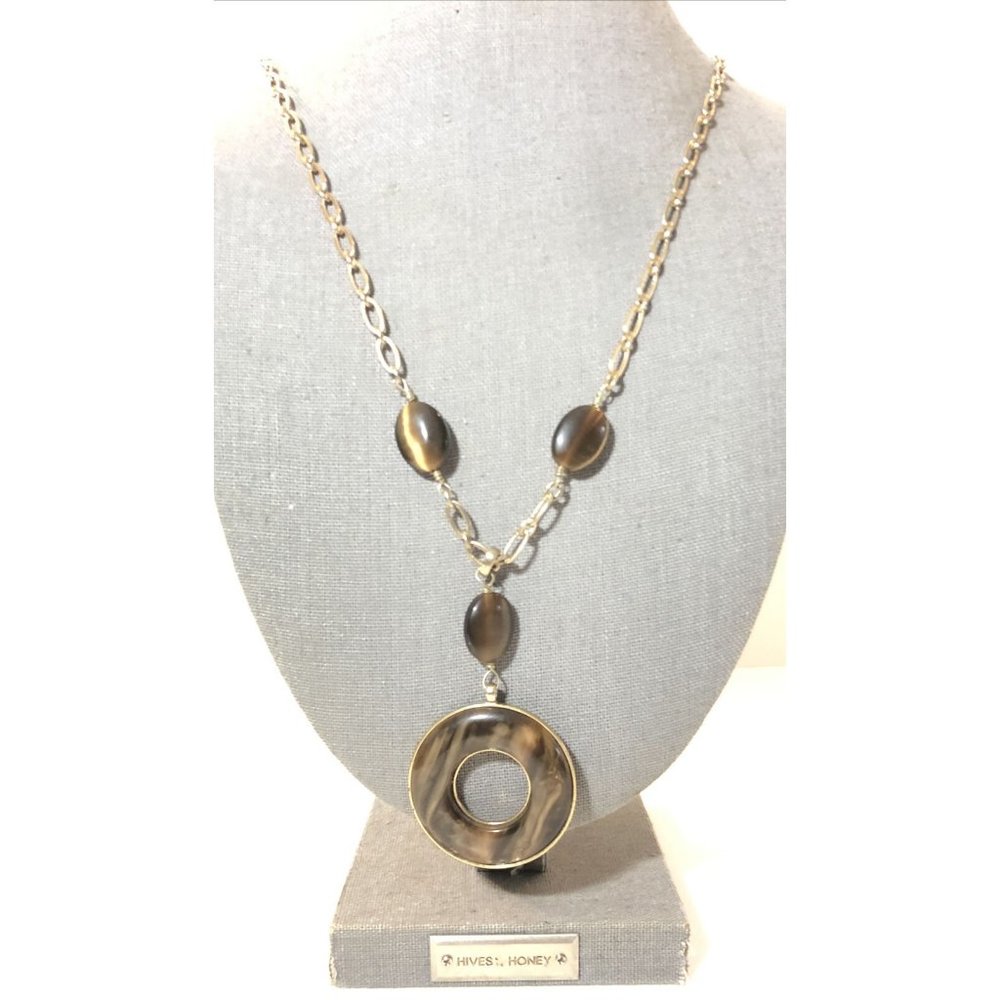 Monet Pendant Necklace- Gold Tone W/ Tigers Eye Charm-Long 22” Circle Y-pendant